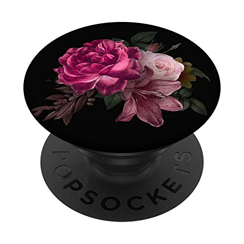 Purple pink flower Black Background floral rose Botanical PopSockets Swappable PopGrip