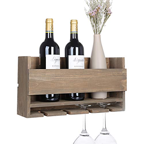 Kakivan Rustic Wall Mounted Wine Rack for 4 Red Wine Glasses Storage, Wooden Wine Bottle Holder for Farmhouse Kitchen Decor, Floating Wine Shelf Organizer for Living Room Display.