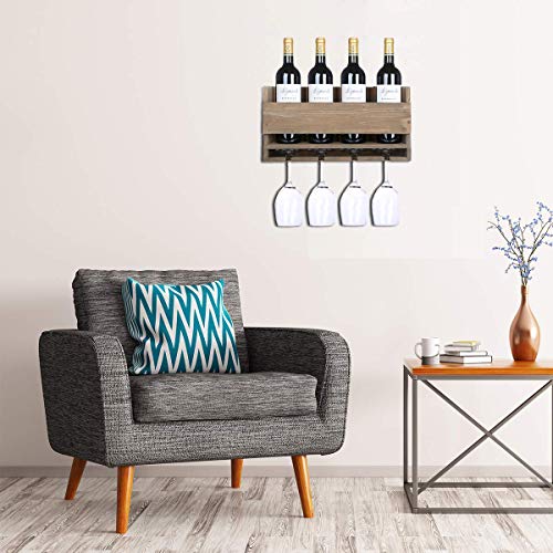 Kakivan Rustic Wall Mounted Wine Rack for 4 Red Wine Glasses Storage, Wooden Wine Bottle Holder for Farmhouse Kitchen Decor, Floating Wine Shelf Organizer for Living Room Display.