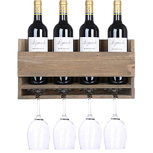 Kakivan Rustic Wall Mounted Wine Rack for 4 Red Wine Glasses Storage, Wooden Wine Bottle Holder for Farmhouse Kitchen Decor, Floating Wine Shelf Organizer for Living Room Display.