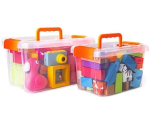 noble designs storage bins | medium and small set (6q & 3.5q) | perfect for toy set | office set | outdoors and outings set | latches well | orange latches and folding handle