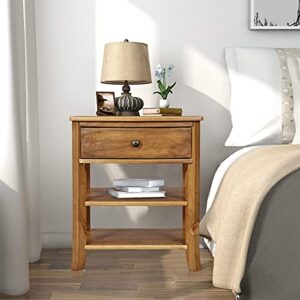 musehomeinc rustic wood 3-tier nightstand with storage shelf and drawer for bedroom or living room/round metal knobs/heritage collection furniture/end table/side table, teak finish