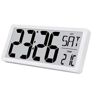 txl large digital day wall clock, custom 8 languages calendar, count up-down timer and temp reminder, 12/24hr desktop alarm clock with 14.17" extra large display for home office studio hotel, white