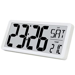 TXL Large Digital Day Wall Clock, Custom 8 Languages Calendar, Count up-Down Timer and Temp Reminder, 12/24Hr Desktop Alarm Clock with 14.17" Extra Large Display for Home Office Studio Hotel, White