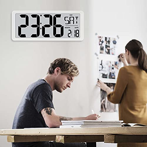 TXL Large Digital Day Wall Clock, Custom 8 Languages Calendar, Count up-Down Timer and Temp Reminder, 12/24Hr Desktop Alarm Clock with 14.17" Extra Large Display for Home Office Studio Hotel, White