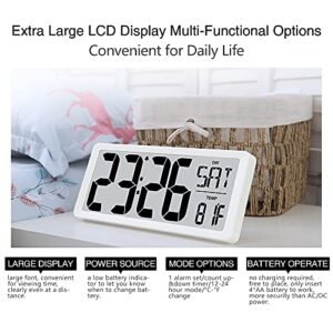 TXL Large Digital Day Wall Clock, Custom 8 Languages Calendar, Count up-Down Timer and Temp Reminder, 12/24Hr Desktop Alarm Clock with 14.17" Extra Large Display for Home Office Studio Hotel, White