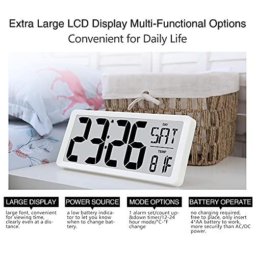 TXL Large Digital Day Wall Clock, Custom 8 Languages Calendar, Count up-Down Timer and Temp Reminder, 12/24Hr Desktop Alarm Clock with 14.17" Extra Large Display for Home Office Studio Hotel, White