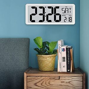 TXL Large Digital Day Wall Clock, Custom 8 Languages Calendar, Count up-Down Timer and Temp Reminder, 12/24Hr Desktop Alarm Clock with 14.17" Extra Large Display for Home Office Studio Hotel, White