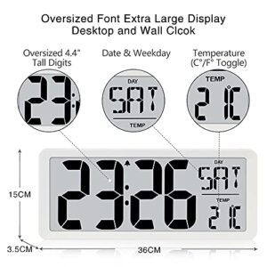 TXL Large Digital Day Wall Clock, Custom 8 Languages Calendar, Count up-Down Timer and Temp Reminder, 12/24Hr Desktop Alarm Clock with 14.17" Extra Large Display for Home Office Studio Hotel, White