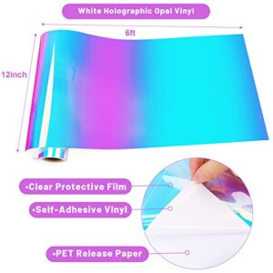 Holographic Vinyl White,Opal Permanent Vinyl for Cricut - 12 Inch x 6 Feet White Adhesive Vinyl Roll for All Vinyl Cutter Craft Vinyl Christmas Vinyl