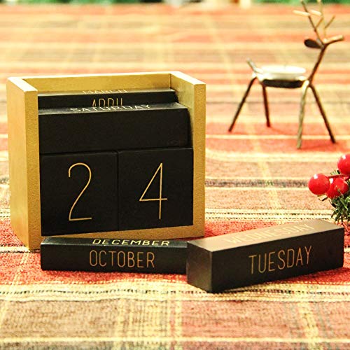 Juegoal Wooden Perpetual Calendar, Wooden Block Daily Calendar Office Desk Accessories (Black)