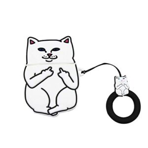azlanlan headset set for apple airpods 1&2, 3d anime theme [blue cat] [star wars] [middle finger cat] silicone headphone case. (middle finger white)