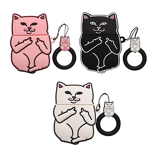 AZlanlan Headset Set for Apple Airpods 1&2, 3D Anime Theme [Blue Cat] [Star Wars] [Middle Finger Cat] Silicone Headphone Case. (Middle Finger White)