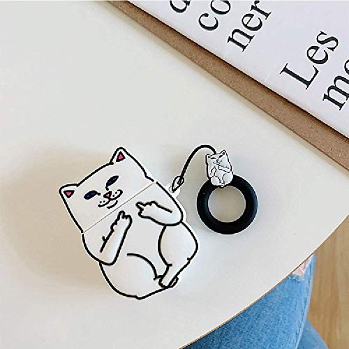 AZlanlan Headset Set for Apple Airpods 1&2, 3D Anime Theme [Blue Cat] [Star Wars] [Middle Finger Cat] Silicone Headphone Case. (Middle Finger White)