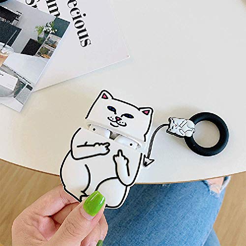 AZlanlan Headset Set for Apple Airpods 1&2, 3D Anime Theme [Blue Cat] [Star Wars] [Middle Finger Cat] Silicone Headphone Case. (Middle Finger White)