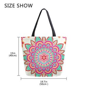 ALAZA Ethnic Boho Hippie Bohemian Canvas Tote Bag Top Handle Purses Large Totes Reusable Handbags Cotton Shoulder Bags for Women Travel Work Shopping Grocery