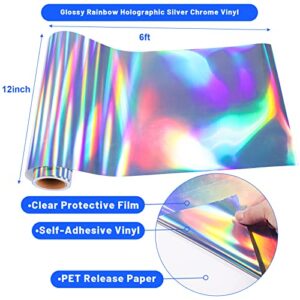 GIRAFVINYL Holographic Vinyl Rainbow Glossy Silver Permanent Vinyl Adhesive Vinyl Roll 12inches X 6 Feet,Craft Vinyl Silver for Vinyl Cutter for DIY Cup Decor,Home Decor,Christmas Vinyl