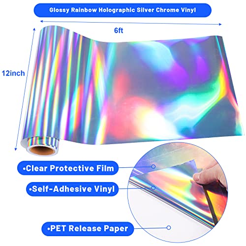 GIRAFVINYL Holographic Vinyl Rainbow Glossy Silver Permanent Vinyl Adhesive Vinyl Roll 12inches X 6 Feet,Craft Vinyl Silver for Vinyl Cutter for DIY Cup Decor,Home Decor,Christmas Vinyl