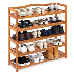 giantex 5-tier shoe rack, acacia wood shoe shelf with side metal hooks, holds up 12-18 pairs, shoe organizer, shoe storage, wooden shoe rack for entryway, 33’’lx10.5’’wx32.5’’h