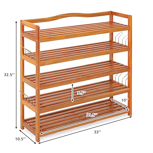 Giantex 5-Tier Shoe Rack, Acacia Wood Shoe Shelf with Side Metal Hooks, Holds up 12-18 Pairs, Shoe Organizer, Shoe Storage, Wooden Shoe Rack for Entryway, 33’’Lx10.5’’Wx32.5’’H