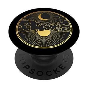 celestial sun and moon yellow and black clouds stars popsockets popgrip: swappable grip for phones & tablets