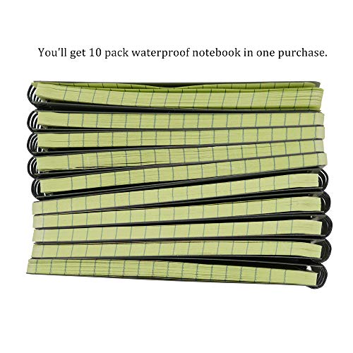 RETON 10 Pack Waterproof Notebook, 3 x 5 Inches Pocket Notepad, All-Weather Memo Pads with Top-Spiral, Tactical Steno Pads with Grid for Outdoor Activity Recording (Army Green)