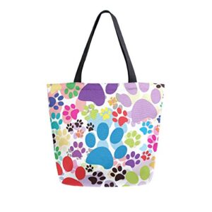 colorful cute cartoon animal paw print canvas tote bag top handle purses large totes reusable handbags cotton shoulder bags for women travel work shopping grocery