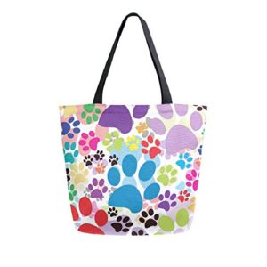 Colorful Cute Cartoon Animal Paw Print Canvas Tote Bag Top Handle Purses Large Totes Reusable Handbags Cotton Shoulder Bags for Women Travel Work Shopping Grocery