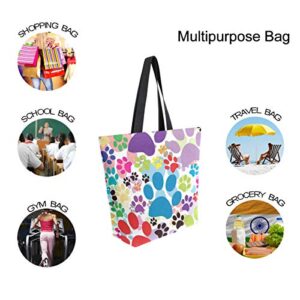 Colorful Cute Cartoon Animal Paw Print Canvas Tote Bag Top Handle Purses Large Totes Reusable Handbags Cotton Shoulder Bags for Women Travel Work Shopping Grocery