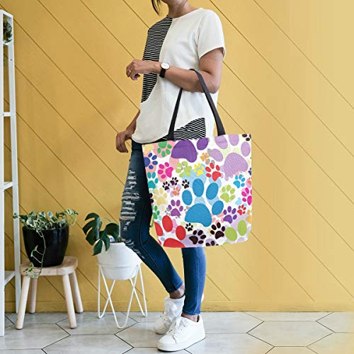 Colorful Cute Cartoon Animal Paw Print Canvas Tote Bag Top Handle Purses Large Totes Reusable Handbags Cotton Shoulder Bags for Women Travel Work Shopping Grocery