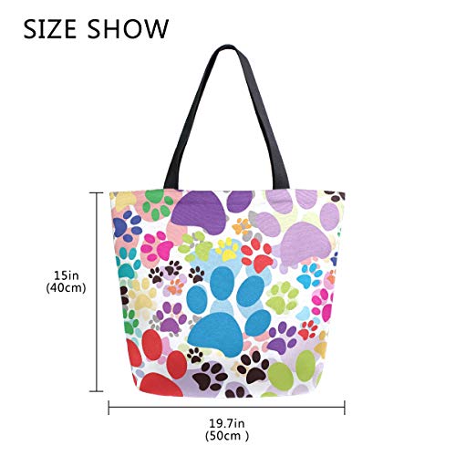 Colorful Cute Cartoon Animal Paw Print Canvas Tote Bag Top Handle Purses Large Totes Reusable Handbags Cotton Shoulder Bags for Women Travel Work Shopping Grocery