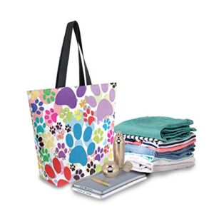 Colorful Cute Cartoon Animal Paw Print Canvas Tote Bag Top Handle Purses Large Totes Reusable Handbags Cotton Shoulder Bags for Women Travel Work Shopping Grocery