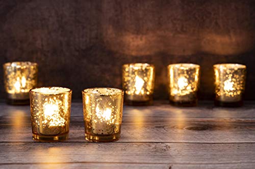 Mercury Glass Votive Candle Holders - Bulk Set of 36, Gold Candle Holders for Tables at Weddings, Parties, Special Occasions with Weighted Base ,Vintage Glow