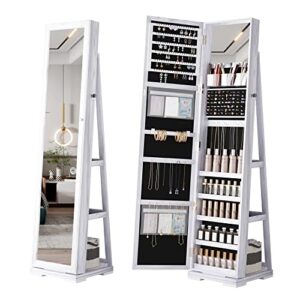 outdoor doit 360° rotating jewelry armoire with lockable full length mirror large capacity jewelry organizer armoire, lockable floor standing mirror with back storage shelves for bedroom, cloakroom