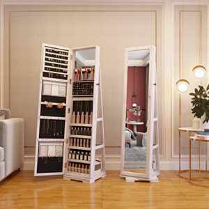 OUTDOOR DOIT 360° Rotating Jewelry Armoire with Lockable Full Length Mirror Large Capacity Jewelry Organizer Armoire, Lockable Floor Standing Mirror with Back Storage Shelves for Bedroom, Cloakroom