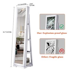 OUTDOOR DOIT 360° Rotating Jewelry Armoire with Lockable Full Length Mirror Large Capacity Jewelry Organizer Armoire, Lockable Floor Standing Mirror with Back Storage Shelves for Bedroom, Cloakroom