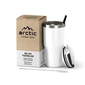 arctic tumblers | 30 oz matte white insulated tumbler with straw & cleaner - retains temperature up to 24hrs - non-spill splash proof lid, double wall vacuum technology, bpa free & built to last
