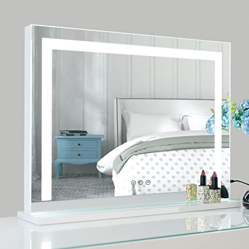 WAYKING Vanity Mirror with Lights, Makeup Mirror with Dimmiable 3 Lighting Modes LED Strip, Wall-Mounted and Tabletop Mirror with USB Charging Port (L22.83 x H17.32 inch)