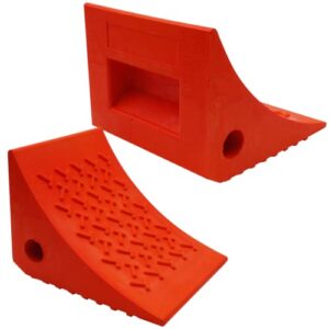 securityman heavy duty wheel chocks (2 pack) - durable, non-slip, solid rubber wheel chocks for boat trailers, rv, truck, camper - perfect on all surfaces and in all weather - orange