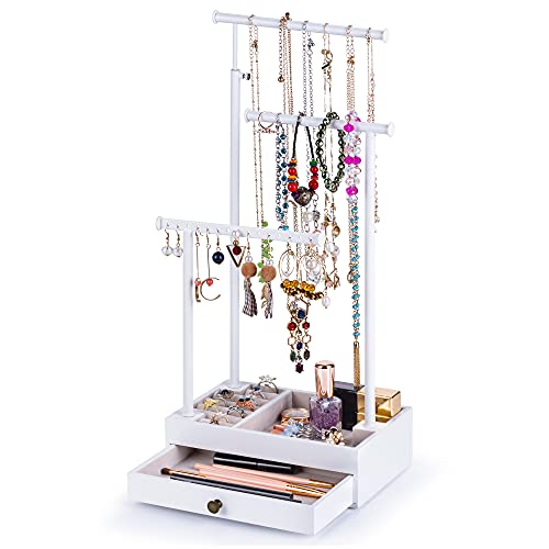 Love-KANKEI Necklace Holder Jewelry Tree Stand Adjustable Height with Large Storage for Necklaces Bracelets Earring Rings Drawer Jewelry Organizer Jewelry Display White and White