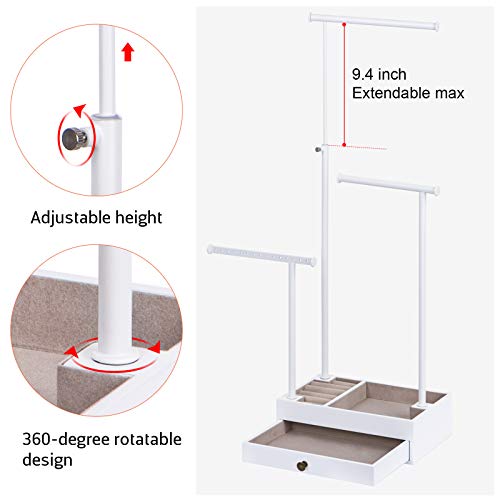 Love-KANKEI Necklace Holder Jewelry Tree Stand Adjustable Height with Large Storage for Necklaces Bracelets Earring Rings Drawer Jewelry Organizer Jewelry Display White and White