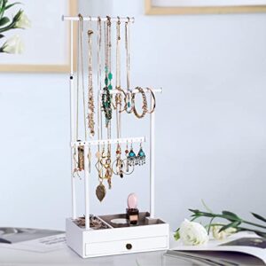 Love-KANKEI Necklace Holder Jewelry Tree Stand Adjustable Height with Large Storage for Necklaces Bracelets Earring Rings Drawer Jewelry Organizer Jewelry Display White and White