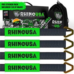 rhino usa axle tie down straps - lab tested 11,128lb. break strength - heavy duty protective sleeves & d rings to ensure peace of mind - used for car engine hoist, truck, trailer, utv (4-pack set)