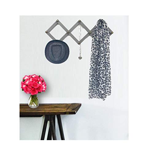 THE NIFTY NOOK Wall Mounted Wood Expandable Accordian Coat Rack Hanger 10 Metal Pegs - 24" Length (Gray)