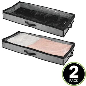 mDesign Soft Fabric Under Bed Storage Organizer Holder Bag for Clothing, Accessories, Boots - Easy-View Top Panel, 2-Way Zippered Lid, Side Handles, 2 Pack - Charcoal Gray/Black