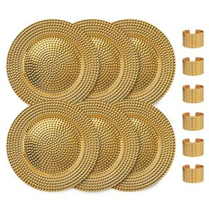 home collectives 13 inch round elegant serve ware charger plates with matching napkin rings, wedding, dinner party, event - choose from our variety of styles and quanties (6, hammered gold)