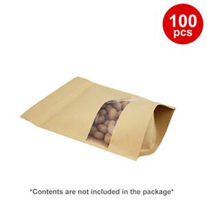 Kraft Stand Up Bags Pouches with Window & Zipper for Food Storage 5" x 8" x 2.7" (Up to 4oz) 100 pcs