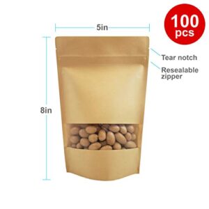 Kraft Stand Up Bags Pouches with Window & Zipper for Food Storage 5" x 8" x 2.7" (Up to 4oz) 100 pcs