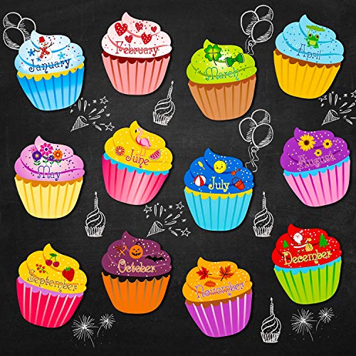 Birthday Cupcakes Cutouts Classroom Bulletin Board Cutouts Chart Decorations with Glue Point Dots for Classroom Bulletin Board School Birthday Party Accent Calendars, 9.6 x 11.6 Inch