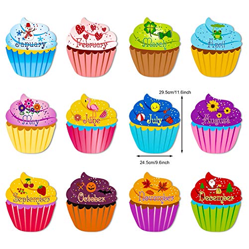 Birthday Cupcakes Cutouts Classroom Bulletin Board Cutouts Chart Decorations with Glue Point Dots for Classroom Bulletin Board School Birthday Party Accent Calendars, 9.6 x 11.6 Inch